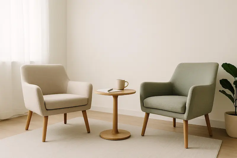 A calm, sunlit interior with plants and a journal